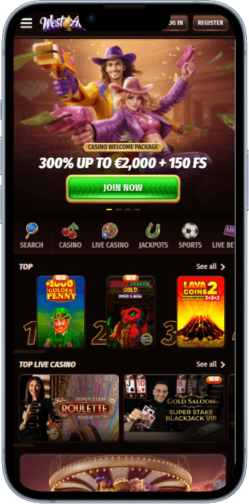 WestAce Casino running on a mobile device